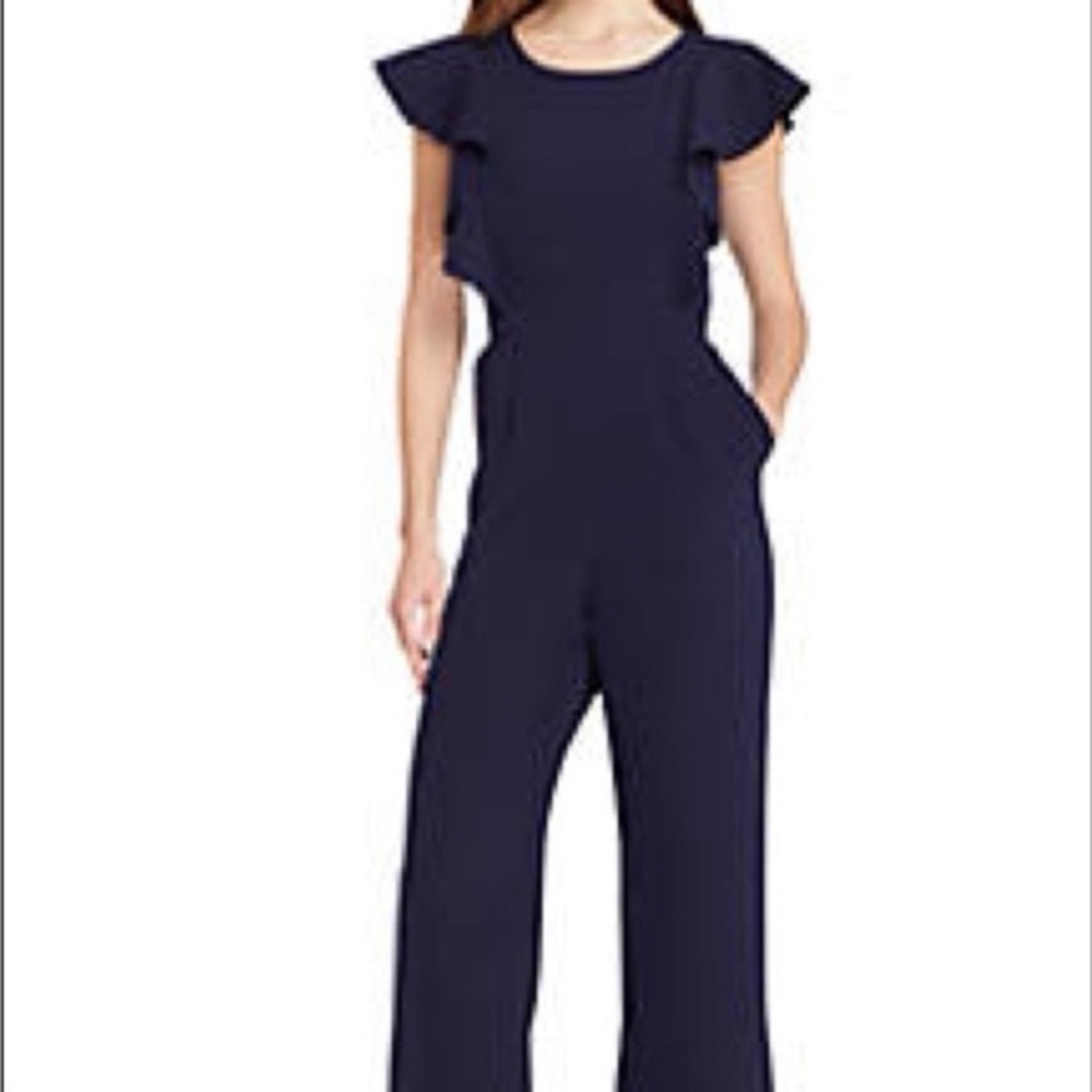 Tahari Elegant Navy Jumpsuit with Ruffle Sleeves